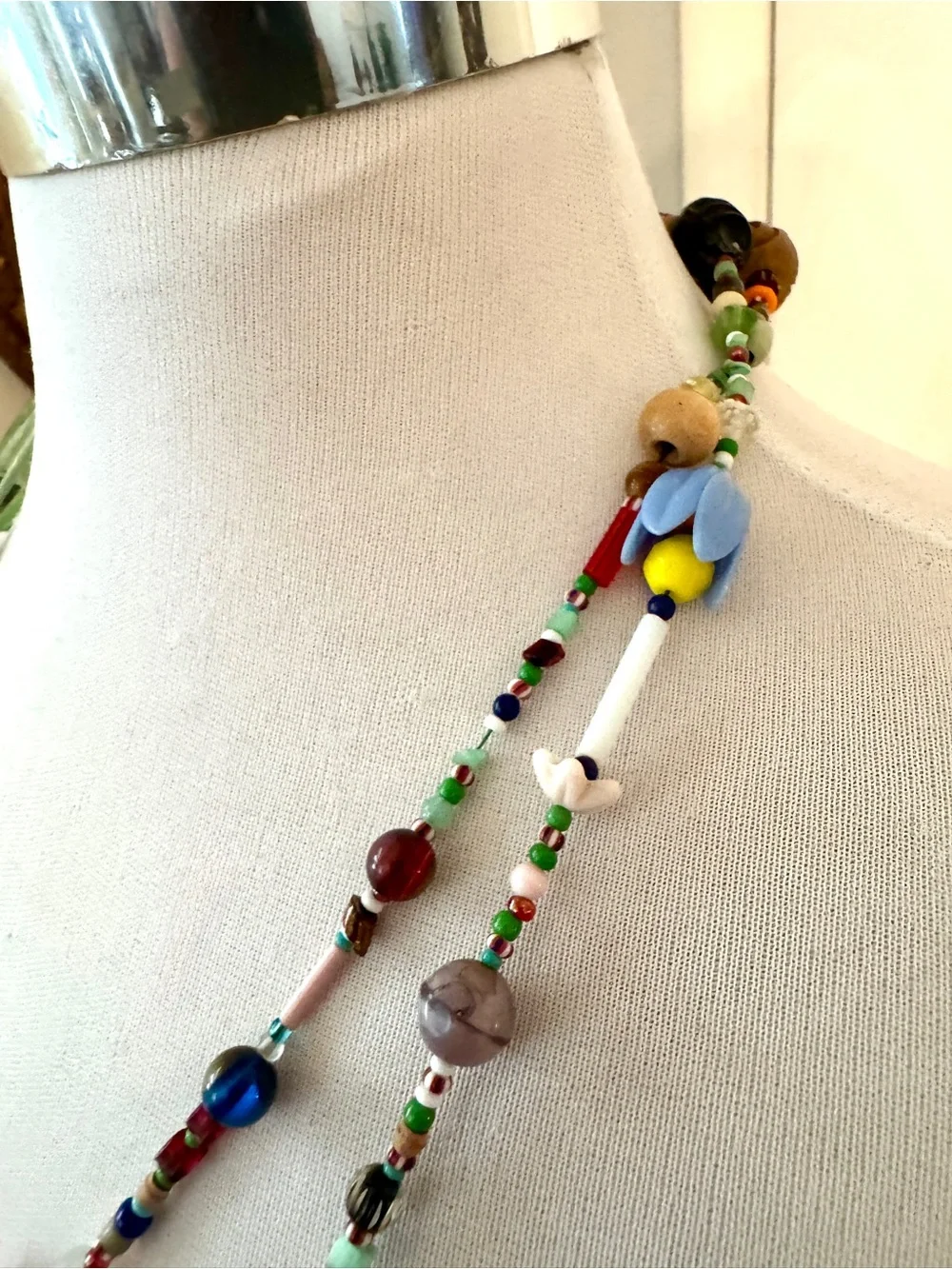Vintage Artisan Collector Bead Necklace Handblown Glass Wood Clay Carved Bird Ex